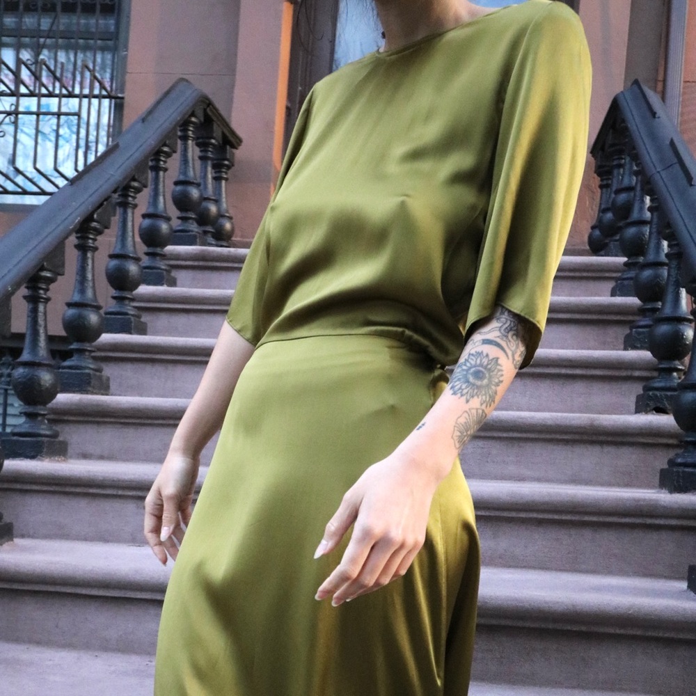 Open-Back Satin Maxi Dress in Olive Green - Picture 4 of 6